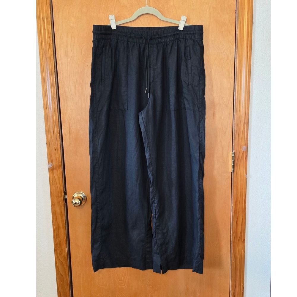 Athleta Cabo Black Linen Wide Leg Drawstring Pants XL Casual Travel Slit Hem